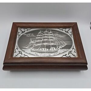 Vintage Wooden Powell Jewelry Box Ship Mirrored Glass Nautical Decor MCM